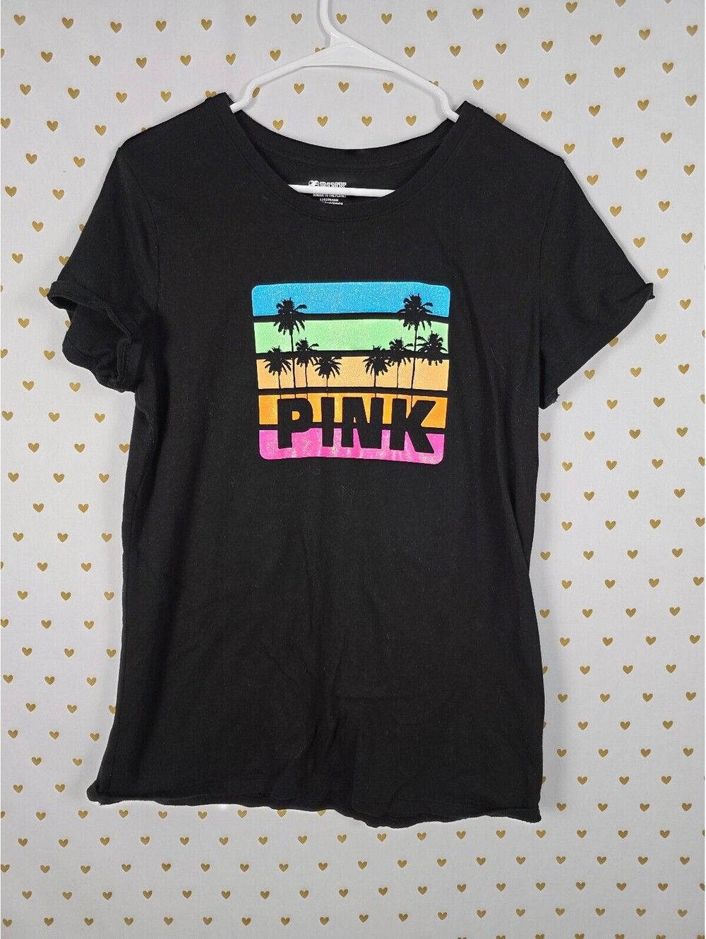 Victorias Secret PINK Bling Glitter Palm Logo Tee shirt LARGE
